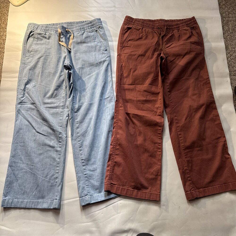 LL Bean Favorite Fit Chambray & rust Wide Leg Pants Womens 6 Petite drawstring